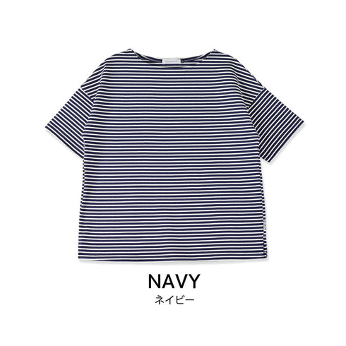 【日本製】半袖 ボーダーTシャツ レディース 綿100% ハードコットン ブルー(FL23SS-018W-bl)